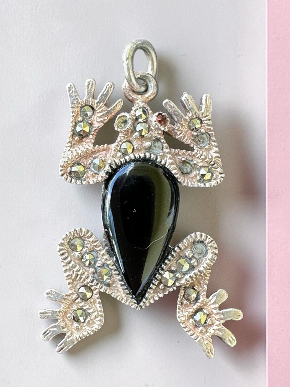 Vintage Sterling Silver 925 Black Onyx Marcasite Frog Pendant